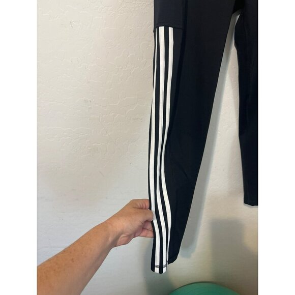Adidas Sz L Black White Triple Stripe Leggings Aeroready - Picture 4 of 8